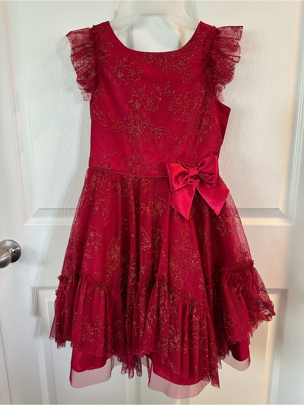 Jona Michelle Red Glitter Floral Tulle Bow Party Dress
